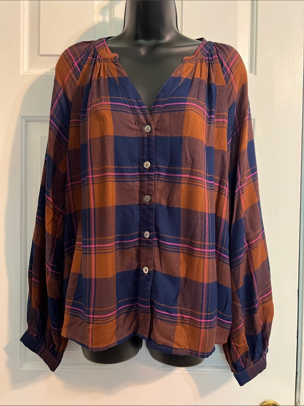 Evereve Navy, Rust & Pink Plaid Button-Down Blouse